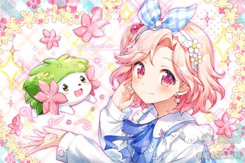 1girl blue_hairband blue_vest blush bow_hairband closed_mouth collared_shirt flower gen_4_pokemon hair_bobbles hair_flower hair_ornament hairband hands_up legendary_pokemon long_sleeves looking_at_viewer mihuashi_username monu_xialuote mythical_pokemon nintendo one_side_up original parted_bangs pink_eyes pink_hair pokemon pokemon_(creature) shaymin shaymin_(land) shirt short_hair smile sparkle upper_body vest white_shirt