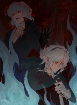 2girls 320tbsyc ascot bat_wings black_coat black_gloves blue_eyes blue_hair bow bowtie braid coat collared_shirt fangs gloves glowing glowing_eyes green_bow grey_hair hair_between_eyes hashtag-only_commentary hat high_collar highres holding holding_sword holding_weapon izayoi_sakuya knife long_sleeves maid maid_headdress mob_cap multiple_girls open_clothes open_coat open_mouth pointy_ears red_bow red_bowtie red_eyes remilia_scarlet shirt short_hair sword touhou trench_coat twin_braids weapon white_ascot white_gloves wings