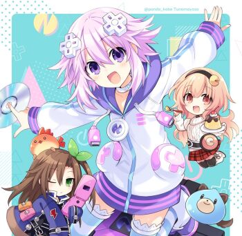 3girls :d brown_hair cellphone chibi commentary_request compa d-pad d-pad_hair_ornament disc dogoo flip_phone food frown green_eyes hair_ornament holding holding_phone holding_spoon hood hoodie if_(neptunia) long_hair looking_at_viewer multiple_girls neptune_(neptunia) neptune_(series) official_artist_extra one_eye_closed open_mouth phone pink_eyes pink_hair pudding purple_eyes purple_hair short_hair smile spoon striped_clothes striped_thighhighs thighhighs tsunako twitter_username white_hoodie