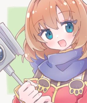 Rule 34 | 1girl, aruthi (eco), blue capelet, brown hair, capelet, dress, emil chronicle online, green eyes, hammer, highres, holding, holding hammer, looking at viewer, open mouth, red dress, smile, solo, upper body, yusa yuyu