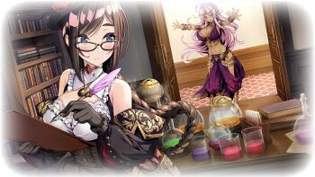 2girls breasts brown_hair cleavage duel_princess dutch_angle glasses hilde_(duel_princess) indoors iris_(duel_princess) large_breasts library long_hair midriff multiple_girls non-web_source opening_door pink_hair ponytail vignetting