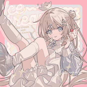 1girl bloomers brown_hair crown dress food hair_bun hair_ornament highres holding holding_food holding_ice_cream ice_cream leg_up long_hair long_sleeves looking_at_viewer milk_crown mini_crown moo_n_moko original socks solo splash_crown underwear white_socks