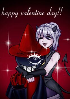 1girl black_skin claws colored_skin dave_and_bambi_mod demon_girl demon_horns demon_tail expunged_(moldygh) fang floating_head friday_night_funkin&#039; gloves hat highres horns hug hug_from_behind interspecies one-eyed one_eye_closed ponytail purple_eyes qilin7777 short_hair smile tail true_expunged valentine white_hair white_skin