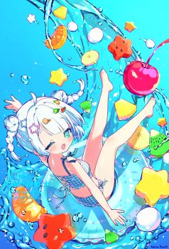 1girl absurdres aqua_eyes artist_name banana banana_slice bikini blue_background braid breasts cherry colorful food fruit hair_ornament hairclip highres innertube kiwi_(fruit) kiwi_slice looking_at_viewer looking_back mandarin_orange_slice natsu_enoch one_eye_closed open_mouth original plaid_bikini plaid_clothes small_breasts splashing star_(symbol) summer swim_ring swimsuit twin_braids water watermark white_hair