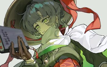 1boy androgynous blunt_bangs book borrowed_character brown_gloves commission conical_hat empty_eyes flipped_hair from_below gloves green_eyes grey_background grey_hair hand_up highres holding holding_book long_sleeves looking_at_viewer male_focus neckerchief neri_neri_da original parted_lips second-party_source short_hair simple_background skeb_commission solo upper_body white_neckerchief