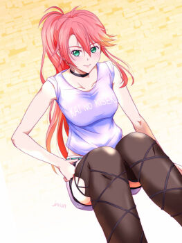 Rule 34 | 1girl, black choker, breasts, choker, commentary request, eiyuu densetsu, green eyes, judith lanster, kai no kiseki, kuro no kiseki (series), kuro no kiseki i, legs, long hair, long single sidelock, looking at viewer, multicolored hair, orange hair, purple shirt, shirt, simple background, sitting, smile, thighhighs, two-tone hair, xiacheng tatsuya