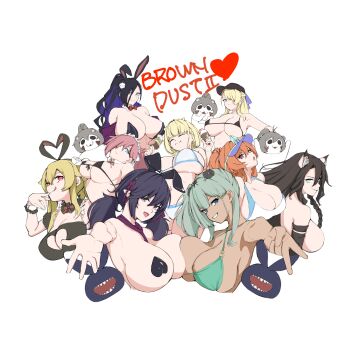 6+girls absurdres aeac276497 animal_ears asymmetrical_docking backboob bikini black_bikini black_hair black_leotard blonde_hair blue_eyes breast_press breasts brown_dust_(series) brown_dust_2 brown_hair cleavage cleavage_cutout closed_eyes closed_mouth clothing_cutout colored_inner_hair copyright_name cropped_torso dalvi_(brown_dust) demon_horns eclipse_(brown_dust_2) eclipse_(nightmare_bunny)_(brown_dust_2) eyebrows_hidden_by_hair fake_animal_ears finger_to_mouth from_behind green_bikini green_hair grey_hair hair_between_eyes hair_over_one_eye heart_pasties highres horns large_breasts leotard liatris_(brown_dust) licking loen_(brown_dust_2) loen_(celebrity_bunny)_(brown_dust_2) long_hair looking_at_viewer maid maid_headdress medium_hair multicolored_hair multiple_girls nebris_(brown_dust_2) nebris_(laid-back_lifeguard)_(brown_dust_2) one-piece_swimsuit open_mouth orange_hair outstretched_hand pasties pink_hair purple_hair rabbit_ears red_eyes reverse_bunnysuit reverse_outfit rubia_(brown_dust) simple_background small_horns smile swimsuit twing_glutti unconventional_maid underboob v visor_cap white_background white_bikini white_headdress white_one-piece_swimsuit wilhelmina_(brown_dust) wilhelmina_(water_park_queen)_(brown_dust) yuridori_(brown_dust) zenith_(poolside_guardian)_(brown_dust)