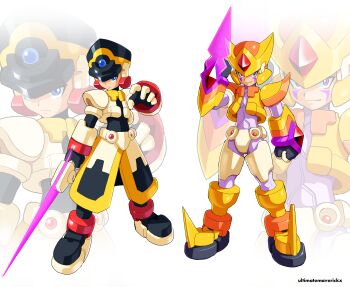 absurdres armor artist_name black_helmet blue_eyes colonel_(mega_man) colonel_(mega_man)_(cosplay) commentary cosplay double_(mega_man) double_(mega_man)_(cosplay) energy_blade energy_sword english_commentary helmet highres holding holding_sword holding_weapon mega_man_(series) mega_man_x4 mega_man_x_(series) mega_man_zx orange_helmet purple_eyes shoulder_armor standing sword ultimatemaverickx weapon white_background