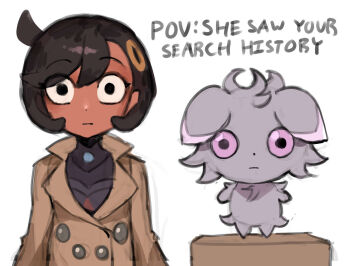 1girl black_hair box dark-skinned_female dark_skin emma_(pokemon) english_text espurr gen_6_pokemon jacket long_sleeves looking_at_viewer nintendo pokemon pokemon_legends:_z-a saiykik short_hair upper_body white_background
