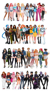 2boys 6+girls abs absurdres adidas aged_up ahsoka_tano aladdin_(movie) alien alternate_costume alternate_hairstyle anachronism anna_(frozen) apple aqua_eyes ariel_(disney) asami_sato atlantis:_the_lost_empire avatar:_the_last_airbender avatar_legends azula bag barriss_offee batman_(series) beauty_and_the_beast_(disney) belle_(disney) biting_own_lip black_boots black_cat_(marvel) black_eyes black_gloves black_hair black_hairband black_jacket black_leotard black_nails black_thighhighs blonde_hair blue_dress blue_eyes blue_hair blue_jacket blue_skirt book boots bracelet braid brave_(pixar) breasts brown_eyes brown_hair character_name chel_(el_dorado) choker cleavage collarbone colored_skin company_connection contemporary contrapposto crop_top crop_top_overhang cross cross_pasties crossed_arms crossover cup cutoffs dark-skinned_female dark-skinned_male dark_skin dc_comics denim disney disney_princess double_bun dress earrings elbow_carry elsa_(frozen) english_text esmeralda_(disney) eyewear_on_head fa_mulan_(disney) felicia_hardy fingerless_gloves flower food forehead_jewel freckles frozen_(disney) fruit fur-trimmed_jacket fur_trim glasses gloves green_eyes green_jacket green_lips green_skin gwen_stacy hair_bun hair_flower hair_ornament hairband hand_on_own_hip handbag harley_quinn harley_quinn_(series) harry_potter_(series) hercules_(1997_movie) hermione_granger high_heels highres holding holding_book holding_cup holding_food holding_wand hoop_earrings humanization jacket jacket_on_shoulders jasmine_(disney) jeans jewelry jinx_(league_of_legends) kidagakash kim_possible kim_possible_(series) korra large_breasts league_of_legends leotard long_hair looking_at_viewer low-braided_long_hair low-tied_long_hair mai_(avatar) marvel mary_jane_watson medium_breasts megara_(disney) merida_(brave) midriff miles_morales milo_james_thatch miniskirt mulan_(movie) multicolored_hair multiple_boys multiple_crossover multiple_girls multiple_rings mushu_(disney) nail_polish namaari_(ratld) navel necklace olena_minko one_eye_closed open_clothes open_jacket orange_hair orange_shoes orange_skin overalls pants pantyhose parted_lips pasties pencil_skirt piercing pink_hair pink_skirt pleated_skirt pocahontas_(disney) pocahontas_(movie) poison_ivy ponytail popsicle princess_leia purple_hair purple_lips rapunzel_(disney) raven_(dc) raya_(ratld) raya_and_the_last_dragon red_eyes red_hair red_hairband ring roller_skates see-through_clothes shego shoes short_hair short_shorts shorts siblings simple_background single_braid single_earring sisters skates skirt smile sneakers snow_white_(disney) snow_white_and_the_seven_dwarfs_(disney) spider-man_(series) spider-verse standing star_wars starfire sunglasses tangled teen_titans the_hunchback_of_notre_dame_(disney) the_legend_of_korra the_little_mermaid_(disney) the_princess_and_the_frog_(disney) the_road_to_el_dorado thigh_boots thigh_gap thighhighs tiana_(the_princess_and_the_frog) tinker_bell_(disney) topknot torn_clothes torn_pants track_pants trait_connection twin_braids twintails ty_lee v very_long_hair vest walt_disney's_peter_pan wand watch white_background white_boots white_dress white_gloves white_hair white_pants wings wink wizarding_world wristwatch yellow_shoes yin_yang zettai_ryouiki