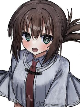 1girl @_@ absurdres blush brown_hair capelet fang folded_ponytail green_eyes hair_between_eyes highres mahigu_re necktie open_mouth portrait red_necktie sidelocks simple_background skin_fang smile solo subarashiki_hibi tachibana_kimika white_background white_capelet wing_collar