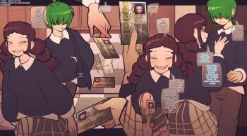 Rule 34 | 1boy, artist name, bracket, brown hair, brown pants, college shirt, commentary, english commentary, erica lovjoi (zamoshvik), green hair, hair tie, handing object, highres, id card, long hair, looking at another, looking at viewer, looking to the side, original, pants, short hair, skirt, student id, sweater, translated, twintails, yellow eyes, zamoshvik