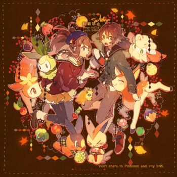 1boy 1girl bad_id bad_pixiv_id berry berry_(pokemon) blue_eyes brown_hair cottonee curly_hair deerling deerling_(autumn) denim eating english_text food foongus fruit gen_5_pokemon hat high_ponytail hilbert_(pokemon) hilda_(pokemon) joltik legendary_pokemon long_hair mythical_pokemon naru_(andante) nintendo open_mouth petilil pokemon pokemon_(creature) pokemon_bw ponytail tepig victini