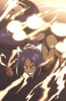 alternate_form ass bare_shoulders black_leotard black_thighhighs bleach bleach:_sennen_kessen-hen breasts dark-skinned_female dark_skin electricity electrokinesis hair_ears hair_ornament kuremon leotard long_hair parted_bangs ponytail purple_hair shihouin_yoruichi simple_background teeth thighhighs yellow_electricity yellow_eyes