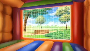 Rule 34 | bench, blue sky, bouncy house, bush, cloud, cloudy sky, day, grass, highres, indoors, no humans, non-web source, official art, our life: beginnings and always, park, park bench, scenery, sky, tree