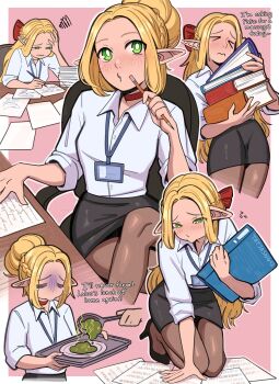1girl bad_food black_pantyhose black_skirt blonde_hair blush braid chair collared_shirt desk dress_shirt dungeon_meshi elf formal_clothes gloom_(expression) green_eyes hair_around_ear highres holding holding_pen id_card indoors lanyard long_hair marcille_donato office office_chair office_lady pantyhose paper paper_stack papers paperwork pen pencil_skirt pointy_ears shirt shirt_tucked_in sitting skirt swivel_chair tatjasng12 tearing_up white_shirt
