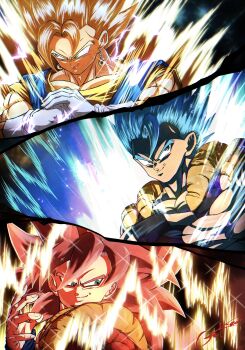 3boys absurdres aura black_vest blonde_hair blue_eyes blue_hair body_fur brown_fur close-up commentary_request crossed_arms dragon_ball dragon_ball_gt dragon_ball_super dragon_ball_super_broly dragon_ball_z_dokkan_battle dragonball_z earrings gekiroo gloves gogeta green_eyes highres jewelry long_hair looking_back male_focus metamoran_vest multiple_boys muscular muscular_male no_shirt potara_earrings red_hair smirk spiked_hair super_saiyan super_saiyan_1 super_saiyan_4 super_saiyan_blue vest white_gloves