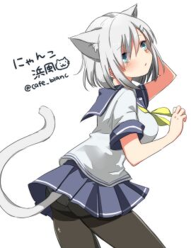 1girl animal_ear_fluff animal_ears ass black_pantyhose blue_eyes blue_sailor_collar blue_skirt blush breasts cat_ears cat_tail commentary_request from_side hair_between_eyes hamakaze_(kancolle) highres kantai_collection kemonomimi_mode medium_breasts medium_hair miniskirt motohara_moka panties pantyhose sailor_collar shirt short_sleeves sidelocks signature simple_background skirt solo tail thighband_pantyhose translation_request twitter_username underwear white_background white_hair white_panties white_shirt
