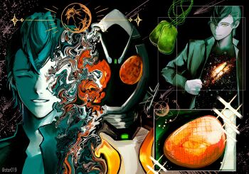 1boy absurdres amanogawa_high_school_uniform black_background commentary_request compound_eyes dog_tags dual_persona gakuran grin helmet highres kamen_rider kamen_rider_fourze kamen_rider_fourze_(series) kisaragi_gentarou looking_at_viewer male_focus multiple_views nebula orange_eyes otor019 pompadour school_uniform short_hair smile solo twitter_username