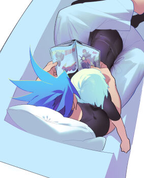 2boys absurdres barefoot between_legs black_pants black_shirt blue_hair couch galo_thymos gapamopa green_hair grey_pants head_on_chest highres holding holding_magazine leg_lock lio_fotia lying magazine_(object) male_focus mohawk multiple_boys on_couch pants pillow promare reclining shirt short_hair short_sleeves yaoi