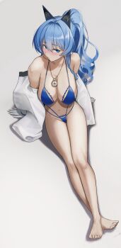 Rule 34 | 1girl, absurdres, akaneiro (akane color35), bikini, blue bikini, blue eyes, blue hair, blush, breasts, cleavage, clock necklace, collarbone, eyepatch bikini, full body, gloves, goddess of victory: nikke, groin, helm (aqua marine) (nikke), helm (nikke), highres, horns, jacket, jewelry, large breasts, legs, long hair, long sleeves, looking at viewer, mechanical horns, multi-strapped bikini bottom, naval jacket, necklace, off shoulder, official alternate costume, ponytail, shirt, solo, swimsuit, thighs, white background, white gloves, white jacket