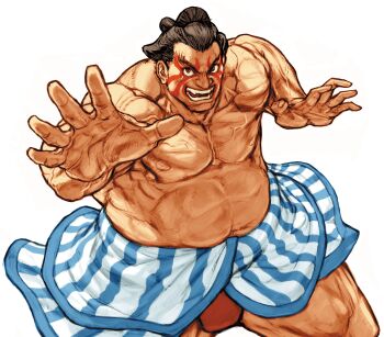 Rule 34 | 1boy, capcom, capcom vs. snk 2, chonmage, e. honda, facepaint, facing viewer, game cg, highres, loincloth, male focus, muscular, muscular male, nishimura kinu, non-web source, official art, open mouth, outstretched arm, outstretched hand, solo, street fighter, sumo, teeth, third-party source, topknot, v-shaped eyebrows, veins, veiny arms, white background