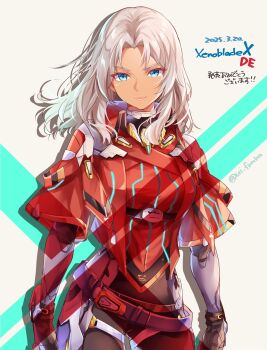1girl blue_eyes bodysuit closed_mouth commentary_request copyright_name dark-skinned_female dark_skin dated elma_(xenoblade_x) highres long_hair looking_at_viewer pink_lips simple_background smile solo standing translation_request ui_frara white_background white_hair xenoblade_chronicles_(series) xenoblade_chronicles_x
