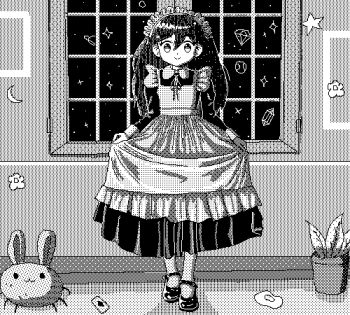 1girl alternate_costume animated animated_gif apron blinking bug_bunny_(omori) closed_mouth deimiler enmaided full_body greyscale indoors long_hair long_sleeves lowres maid maid_apron maid_headdress mari_(headspace)_(omori) mari_(omori) monochrome omori open_mouth pixel_art potted_plant_(omori) socks solo teeth upper_teeth_only window