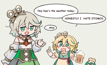 2girls @_@ alcohol aqua_eyes ascot bare_shoulders beer beer_mug blonde_hair blush_stickers braid button_nose cecilia_immergold cecilia_immergreen chibi colored_inner_hair commentary corset cup detached_collar detached_sleeves dirndl doll doll_joints double-parted_bangs english_commentary flower fongban_illust frilled_sleeves frills german_clothes gold_trim green_corset green_hair grey_hair hair_between_eyes hair_flower hair_ornament hand_up hololive hololive_english joints long_sleeves mug multicolored_hair multiple_girls otomo_(cecilia_immergreen) pointing pointing_up red_ascot red_streaks robot short_hair side_braid simple_background surprised sweatdrop virtual_youtuber winding_key