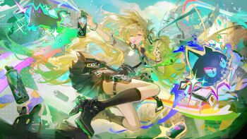 1girl absurdres aqua_necktie black_shoes black_skirt black_socks blonde_hair blowing_bubble_gum blue_eyes breasts can chewing_gum chinese_commentary cloud cloudy_sky commentary_request day graffiti green_sky hair_ornament hand_up headphones headphones_around_neck highres holding holding_can large_breasts long_hair looking_at_viewer lynae_(wuthering_waves) necktie ruoganzhao shirt shirt_tucked_in shoes skirt skull_hair_ornament sky socks solo spray_can thigh_strap v very_long_hair white_shirt wuthering_waves