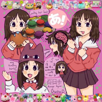 Rule 34 | :3, azumanga daiou, blush, brain, brown hair, burger, character doll, doll, drink carton, eating, english text, food, gir (dog costume) (invader zim), gir (invader zim), hatsune miku, highres, invader zim, kasuga ayumu, milk carton, naganohara mio, nichijou, open mouth, pompompurin, saliva, sanrio, skirt, speech bubble, spongebob squarepants, spongebob squarepants (series), star (symbol), sugardeerrr, thought bubble, vocaloid