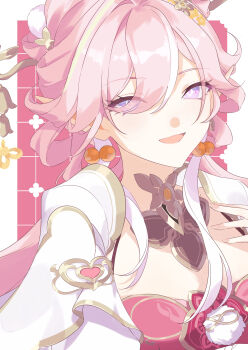 Rule 34 | 1girl, absurdres, border, breasts, chikahira, commentary, elysia (hi love elf) (honkai impact), elysia (honkai impact), elysia (lunar grace) (honkai impact), fingernails, hair ornament, hand up, highres, honkai (series), honkai impact 3rd, long hair, looking at viewer, medium breasts, multicolored hair, official alternate costume, open mouth, pink hair, pointy ears, purple eyes, smile, solo, streaked hair, untranslatable commentary, white border