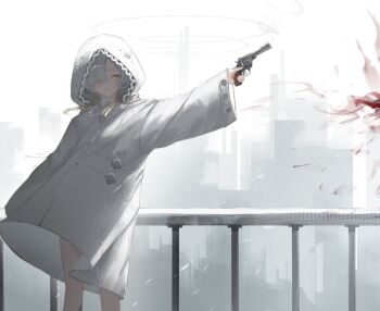 Rule 34 | 1girl, blonde hair, blood, chinese commentary, cityscape, coat, commentary request, discharge smp, feet out of frame, finger on trigger, grey hair, gun, hair over one eye, handgun, highres, holding, holding gun, holding weapon, hood, hood up, hooded coat, isekaijoucho, kamitsubaki studio, long sleeves, multicolored hair, outdoors, outstretched arm, railing, revolver, solo, two-tone hair, virtual youtuber, weapon, white coat, wide sleeves, yellow eyes