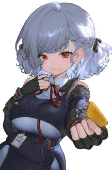 1girl black_ribbon breasts eungsam fingerless_gloves food girls'_frontline girls'_frontline_2:_exilium giving_food gloves glutton grey_hair hair_ribbon highres holding holding_food id_card looking_at_viewer medium_hair red_eyes revision ribbon sabrina_(girls'_frontline_2) shirt solo spas-12_(girls'_frontline) white_background white_shirt