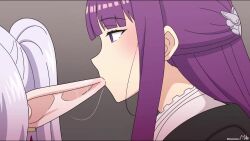 2girls animated asmr blush deepthroat earrings elf fellatio female_focus fern_(sousou_no_frieren) frieren hairdressing highres jewelry long_hair majinmallow multiple_girls oral pointy_ears purple_eyes purple_hair saliva saliva_trail simulated_fellatio sound sousou_no_frieren sucking_ear tagme video white_hair yuri