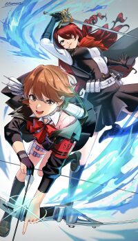 2girls absurdres armband arrow_(projectile) ascot aznmeee belt black_boots black_gloves black_jacket black_skirt blue_fire boots bow bow_(weapon) breasts brown_eyes brown_hair cardigan choker closed_mouth collared_shirt commentary_request earrings evoker fire gekkoukan_high_school_uniform gloves hair_over_one_eye heart heart_choker highres holding holding_arrow holding_bow_(weapon) holding_sword holding_weapon holster jacket jewelry kirijou_mitsuru large_breasts long_hair long_sleeves looking_at_viewer multiple_girls open_clothes open_jacket open_mouth partially_fingerless_gloves persona persona_3 persona_3_reload pink_cardigan quiver rapier red_ascot red_bow red_eyes red_hair school_uniform shirt short_hair single_glove skirt smile stud_earrings sword takeba_yukari teeth thigh_strap weapon white_choker white_shirt