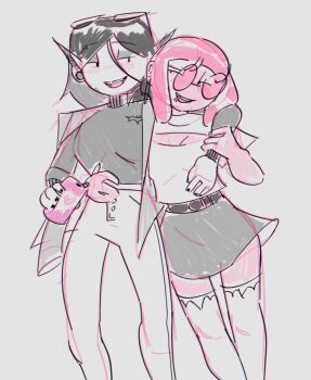 2girls adventure_time belt black_hair black_shirt black_skirt blush cleavage_cutout clothing_cutout colored_skin crew_neck ear_piercing eyewear_on_head fingernails grey_skin hair_between_eyes hand_on_another's_waist highres long_hair marceline_abadeer multiple_girls nail_polish open_mouth pants parted_lips piercing pink_hair pink_skin pointy_ears princess_bonnibel_bubblegum round_eyewear shirt skirt smile steemyart thighhighs white_pants white_shirt yuri