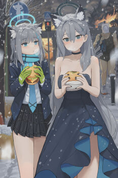 2girls :t absurdres animal_ear_fluff animal_ears bare_shoulders black_choker black_dress black_halo black_jacket black_nails black_skirt blue_archive blue_halo blue_scarf blush breasts burger choker commentary_request cross_hair_ornament dolri doodle_sensei_(blue_archive) dress eating fingernails food grey_eyes grey_hair hair_between_eyes hair_ornament halo highres holding holding_burger holding_food jacket long_hair long_sleeves looking_at_viewer multiple_girls nail_polish outdoors pleated_skirt scarf sensei_(blue_archive) shiroko_(blue_archive) shiroko_terror_(blue_archive) shirt skirt snowing strapless strapless_dress very_long_hair white_shirt wolf_ears