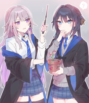 2girls ? alternate_costume black_hair black_robe black_thighhighs blue_eyes blue_hair blue_necktie blue_skirt closed_mouth collared_shirt commentary_request diagonal-striped_clothes diagonal-striped_necktie flower_pot gradient_hair grey_background grey_hair grey_sweater hand_up herta_(honkai:_star_rail) highres holding holding_wand honkai:_star_rail honkai_(series) hood hood_down hooded_robe long_hair long_sleeves multicolored_hair multiple_girls nail_polish necktie off_shoulder plaid_clothes plaid_skirt pleated_skirt purple_eyes purple_hair purple_nails robe ruan_mei_(honkai:_star_rail) shirt skirt smile sorimachi-doufu spoken_question_mark streaked_hair striped_clothes sweater the_herta_(honkai:_star_rail) thighhighs very_long_hair wand white_shirt wide_sleeves