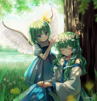 2girls against_tree blue_eyes blue_skirt blush closed_eyes closed_mouth collared_shirt commentary_request daiyousei day detached_sleeves dress feathered_wings flat_chest flower flower_wreath frog_hair_ornament green_hair hair_ornament hair_ribbon hair_tubes head_wreath highres kochiya_sanae long_hair long_sleeves looking_at_another multiple_girls on_grass outdoors pinafore_dress puffy_short_sleeves puffy_sleeves putting_on_headwear ribbon river sasami_(shiroi_fuwafuwa) shade shirt short_hair short_sleeves signature single_hair_tube sitting skirt sleeping sleeveless sleeveless_dress sleeveless_shirt smile snake_hair_ornament standing touhou tree under_tree white_shirt white_sleeves white_wings wide_sleeves wings yellow_flower yellow_ribbon