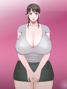 1girl blush breasts brown_eyes brown_hair cleavage curvy female_focus flying_tree_frog gigantic_breasts highres hip_focus huge_breasts mature_female miniskirt mole open_mouth skirt solo standing thighs