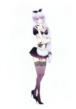 1girl black_lobelia black_lobelia_(cosplay) black_ribbon black_shoes black_skirt blue_eyes blush braid braided_ponytail breasts clothes_lift cosplay fukuda_shinichi full_body garter_straps hair_ornament hair_ribbon hand_on_own_chin hand_on_own_elbow heterochromia high_heels highres kitagawa_marin lingerie long_hair looking_at_viewer maid medium_breasts neck_ribbon official_art puffy_short_sleeves puffy_sleeves red_eyes red_ribbon ribbon shoes short_sleeves simple_background skirt skirt_lift sono_bisque_doll_wa_koi_wo_suru standing thighhighs unconventional_maid underwear very_long_hair white_background white_hair wrist_cuffs wrist_ribbon