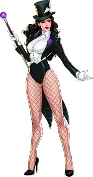 1girl absurdres black_hair black_leotard black_tailcoat blue_eyes bow bowtie breasts dc:_dark_legion dc_comics fishnet_leotard fishnet_pantyhose fishnets gloves hat highres jacket justice_league large_breasts leotard long_hair magician magician's_wand official_art pantyhose shirt solo top_hat white_gloves zatanna_zatara