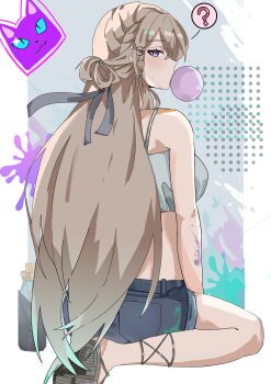 1girl ? absurdres andreanochandr1 blonde_hair blowing_bubble_gum blush braid braided_bangs breasts chewing_gum crop_top from_behind gradient_hair green_hair hair_ornament highres long_hair looking_at_viewer lynae_(wuthering_waves) multicolored_hair purple_eyes shorts skull_hair_ornament solo spray_can wuthering_waves