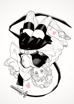 0_ebj :&gt; belt braid breasts cleavage commentary_request demon_slayer_uniform dynamic_pose floating_hair greyscale hakama hakama_skirt haori heart highres holding_ribbon_baton japanese_clothes kanroji_mitsuri kimetsu_no_yaiba kneehighs mole mole_under_each_eye mole_under_eye monochrome multiple_moles open_clothes open_shirt partially_unbuttoned ribbed_thighhighs ribbon ribbon_baton sandals shoes simple_background skirt socks thighhighs tri_braids upside-down white_background zouri