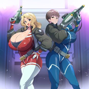 2girls :d absurdres belt black_jacket blonde_hair blue_bodysuit blue_eyes blue_gloves bodysuit breasts brown_eyes brown_hair cleavage closed_mouth commentary energy_gun freckles frown girls_und_panzer gloves grey_belt gun hair_intakes half-closed_eyes hand_on_own_hip highres holding holding_gun holding_weapon huge_breasts impossible_bodysuit impossible_clothes jacket kay_(girls_und_panzer) long_sleeves medium_hair multiple_girls naomi_(girls_und_panzer) open_clothes open_jacket open_mouth partially_unzipped red_bodysuit red_gloves sasaki_tatsuya short_hair side-by-side smile star_(symbol) trigger_discipline utility_belt very_short_hair weapon