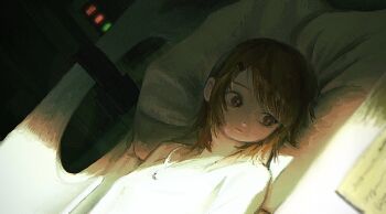 1girl a.i._voice adachi_rei alternate_costume bed black_eyes closed_mouth commentary crack_of_light dutch_angle expressionless from_side hair_ornament hairclip head_on_pillow highres hijou_botan hospital_bed indoors looking_to_the_side lying machine medium_hair on_back on_bed orange_hair orange_pupils pillow shadow shirt solo swept_bangs upper_body utau white_shirt
