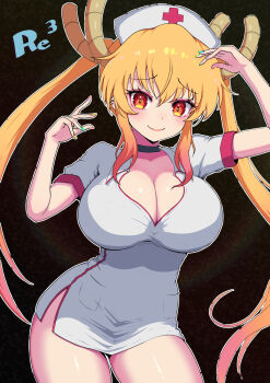 Rule 34 | 1girl, black background, black choker, blonde hair, blush, breasts, choker, cleavage, closed mouth, cowboy shot, dragon girl, dragon horns, dress, gradient hair, hat, highres, horns, kobayashi-san chi no maidragon, large breasts, long hair, looking at viewer, multicolored hair, nail polish, nurse cap, orange eyes, red eyes, reiwa rerere, short dress, short sleeves, slit pupils, smile, solo, tohru (maidragon), twintails, white dress