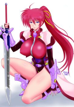 Rule 34 | 1girl, absurdres, ahoge, arm guards, artist name, black gloves, blue eyes, braid, breasts, commentary request, covered erect nipples, cropped jacket, crown braid, double-parted bangs, elbow gloves, fingerless gloves, floating hair, gloves, hair between eyes, highres, holding, holding sword, holding weapon, kirishima goro (55541), laevatein (nanoha), large breasts, long hair, lyrical nanoha, mahou shoujo lyrical nanoha, mahou shoujo lyrical nanoha reflection, on one knee, pink hair, planted, planted sword, planted weapon, ponytail, short sleeves, signum, simple background, solo, sword, weapon, white background