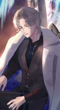 1boy belt bishounen black_pants black_shirt blue_necktie buttons cane chair closed_mouth coat coat_on_shoulders collared_coat collared_shirt commentary_request cowboy_shot elf grey_eyes grey_hair grey_vest highres holding holding_cane indoors kohanai_setsuna lapels lips looking_at_viewer male_focus mercury_(shining_nikki) necktie nikki_(series) notched_lapels on_chair one_eye_closed pants parted_bangs pointy_ears pointy_nose shining_nikki shirt short_hair sitting smile solo space_print starry_sky_print thick_eyebrows thigh_belt thigh_strap two-sided_coat two-sided_fabric vest white_coat